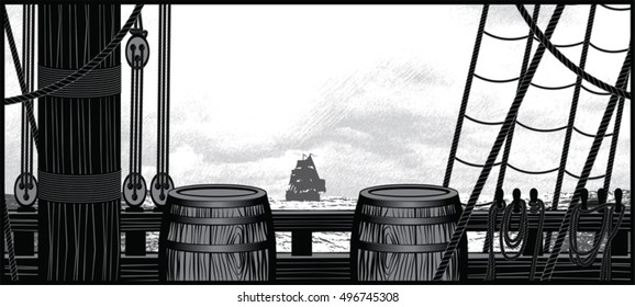 Illustration of ship deck with barrels and ropes 