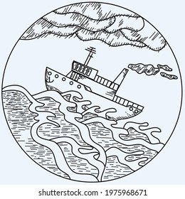 illustration of a ship facing big waves
