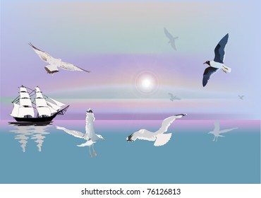illustration with ship and gulls