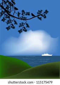 illustration with ship near skyline