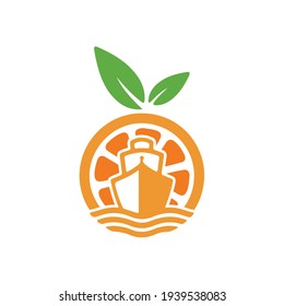 Illustration ship with orange fruit logo design boat transportation sign 