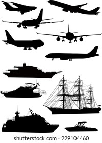 illustration with ship and plane silhouettes isolated on white background