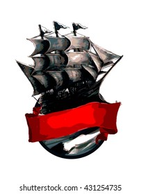 Illustration of a ship a red ribbon, suitable for prints