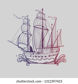 Illustration with a ship, sailboat. Beautiful graphics element. Vintage drawing. The seagoing vessel in the ocean with waves. 