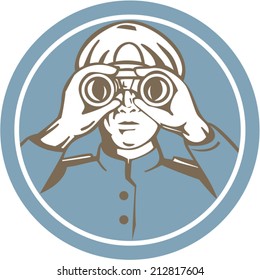 Illustration of a ship sea captain looking into binoculars set inside circle on isolated background done in retro style. 