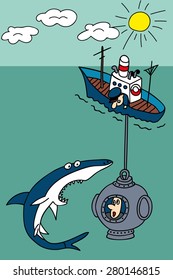 illustration ship and shark