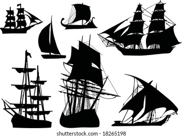 illustration with ship silhouette collection isolated on white background