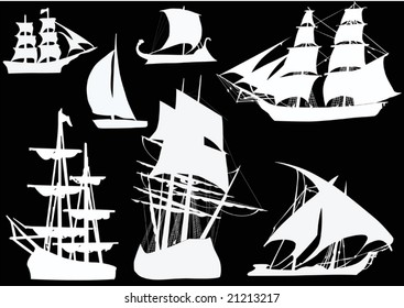 illustration with ship silhouette collection isolated on black background