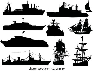 illustration with ship silhouette collection isolated on white background