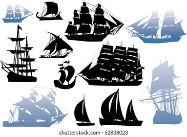 illustration with ship silhouette collection isolated on white background