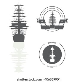 Illustration with ship silhouette isolated on white background. Lables and banners in vector. 
