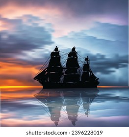 illustration with ship silhouette at orange sunset