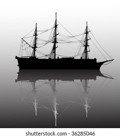 illustration with ship silhouette with reflection