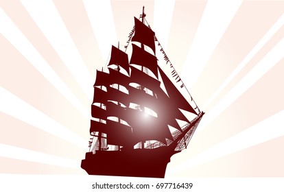 illustration with ship silhouette at sunrise background