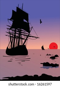 illustration with ship silhouette at sunset