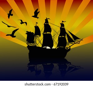 illustration with ship silhouette at sunset