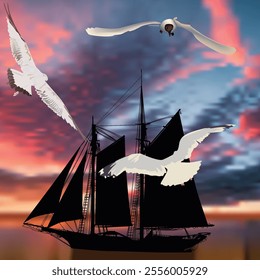 illustration with ship silhouette and three seagulls at pink sunset