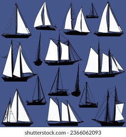 illustration with ship silhouettes isolated on blue background