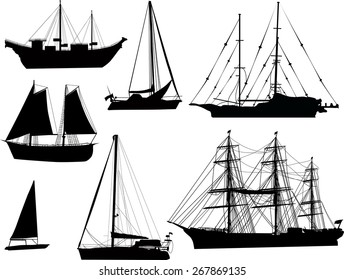 illustration with ship silhouettes isolated on white background