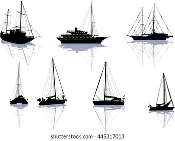 illustration with ship silhouettes isolated on white background