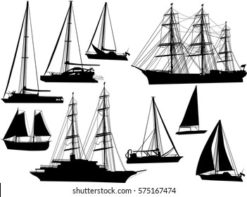 illustration with ship silhouettes isolated on white background