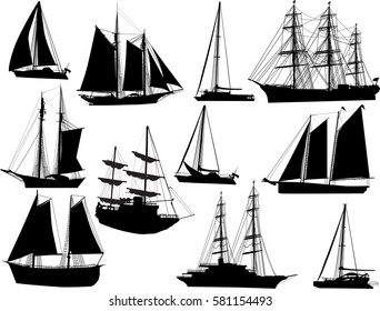 illustration with ship silhouettes isolated on white background