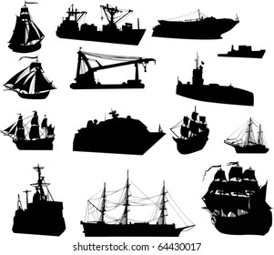 illustration with ship silhouettes isolated on white background