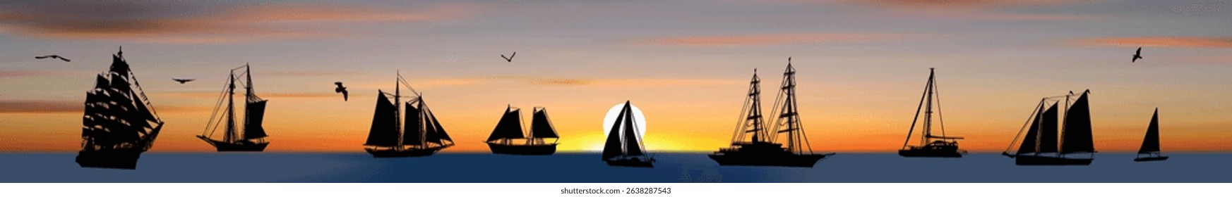 illustration with ship silhouettes on sunset background
