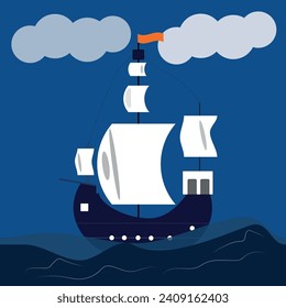 illustration of a ship with white sails on a blue background