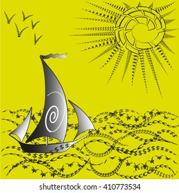 Illustration a ship and the world finance
Image on a dark yellow background ship and the world of finance, currency notes from the ocean sun and a flock seagulls in the sky for decoration and design