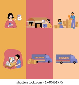 illustration of the shipment of goods from the beginning to the end. 
with a funny color