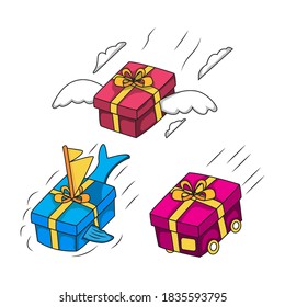 illustration of shipping boxes from various routes, namely land, sea and air routes, in colorful cartoon vector format