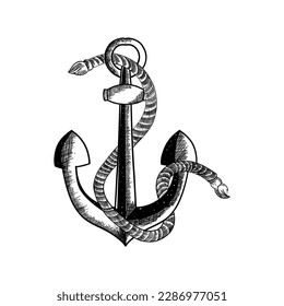 illustration of a ships anchor in a vintage style, Anchor. Hand drawing. Isolated on a white background.