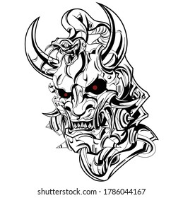 illustration for the shirt with the design theme of the horned demon mask and snake on its head