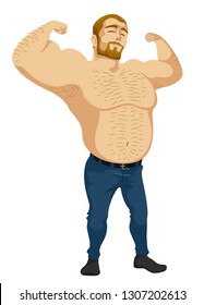 Illustration of a Shirtless Man Flexing His Arms with Hair All Over His Body