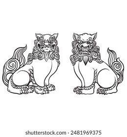 Illustration of Shisa. Shisas are Okinawan guardian lions.,  Line Drawing vector Illustration.
