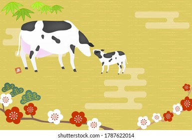 Illustration of Shochiku plum and cow for the year 2021: New Year's card postcard template