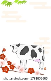 Illustration of Shochiku plum and cow for the year 2021