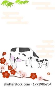 Illustration of Shochiku plum and cow for the year 2021 - Translation: cow