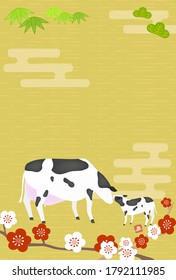 Illustration of Shochiku plum and cow for the year 2021 - Translation: cow