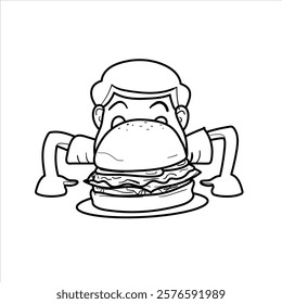 illustration of a shocked child blocked by a big burger in front of him,cartton,funny,junkfood,black and white,good for burger advertisement,vector format