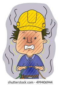 Illustration of a Shocked Electrician in Safety Helmet Frying After Holding a Live Wire