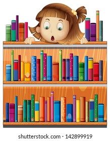 Illustration of a shocked face of a girl at the back of a wooden shelves with books on a white background