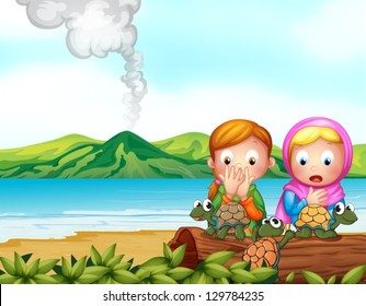 Illustration of the shocked faces of two girls with three turtles