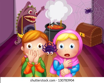 Illustration of the shocked faces of two girls in front of a spider