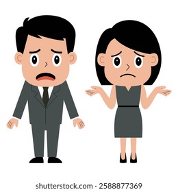 Illustration of shocked man and woman in office clothing expressing surprising face. Shocked and surprised office employee. 