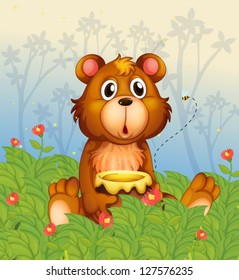 Illustration of a shocking face of a bear in the forest