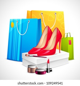 illustration of shoe and cosmetics with shopping bag showing sale