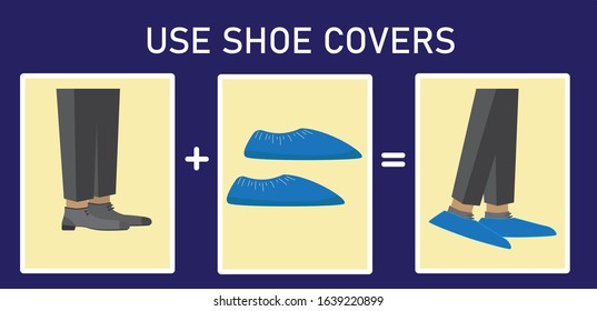  Illustration of shoe covers on a man’s street shoes. Use shoe covers. Protection against dirt, bacteria and viruses. Public hygiene, boots covers. Isolated stock vector.