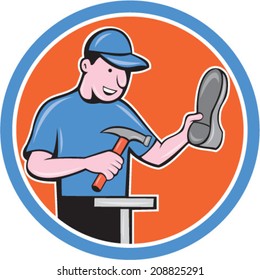 Illustration of a shoemaker cobbler shoe repair with hammer and shoe working set inside circle on isolated background done in cartoon style.